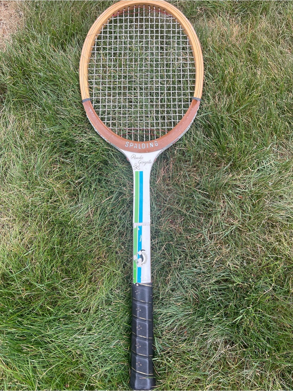 Spalding Paucho Gonzales Wooden Tennis Racket with White, Green, Blue Accents